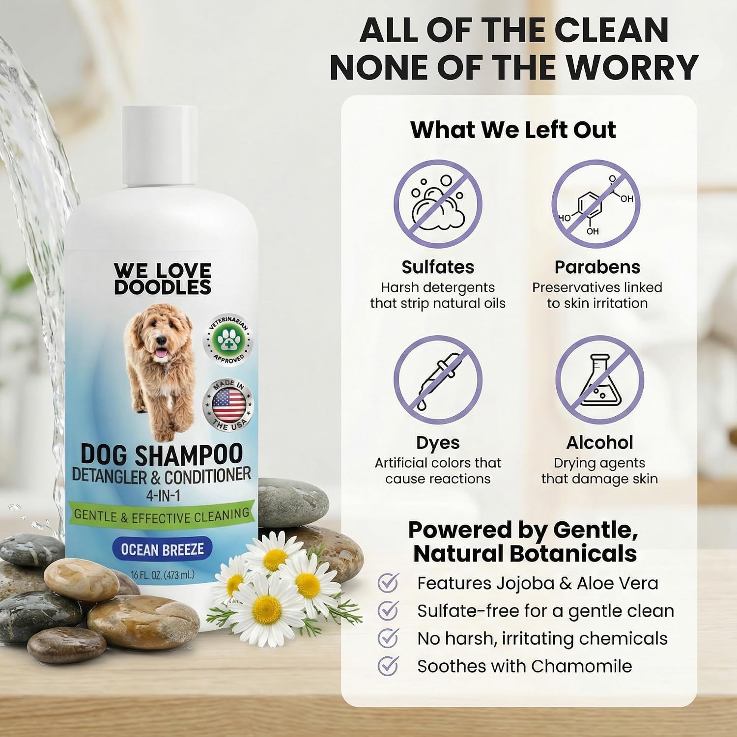 Dog Shampoo, Conditioner & Detangler, Gentle Tearless, Ocean Breeze, 16OZ - Image 4